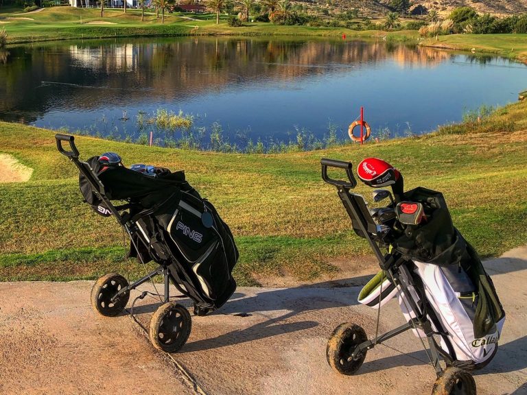 Deux sacs de golf devant un étang