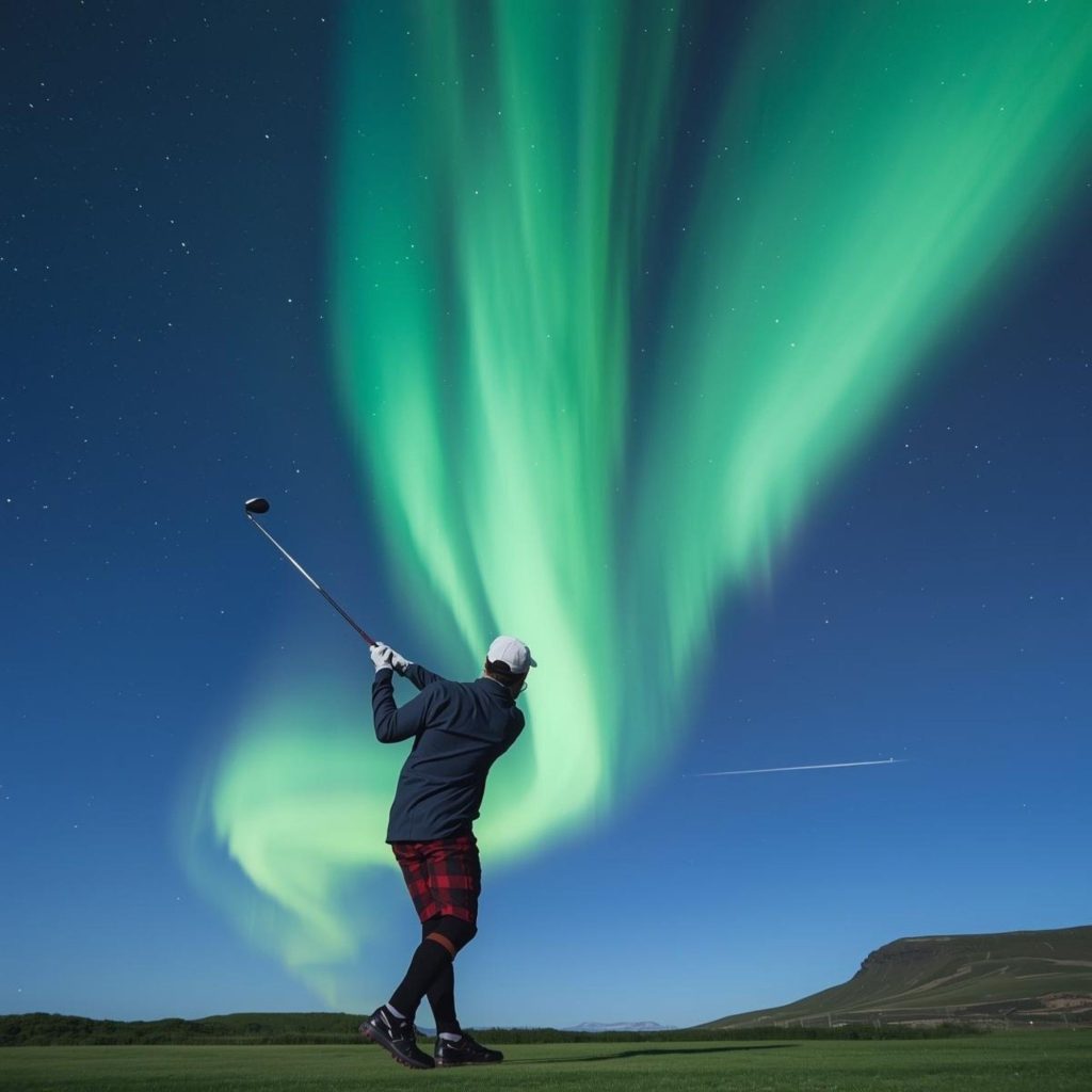Golfeur et aurore boréale